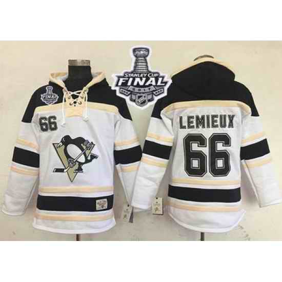 Men Pittsburgh Penguins 66 Mario Lemieux White Sawyer Hooded Sweatshirt 2017 Stanley Cup Final Patch Stitched NHL Jersey